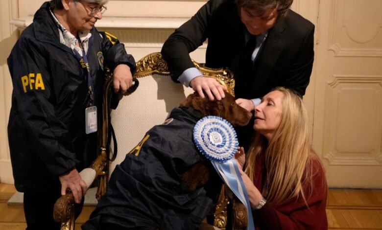Celosa por el impacto de la movida Malvinas, Karina juntó a Milei con un perro héroe