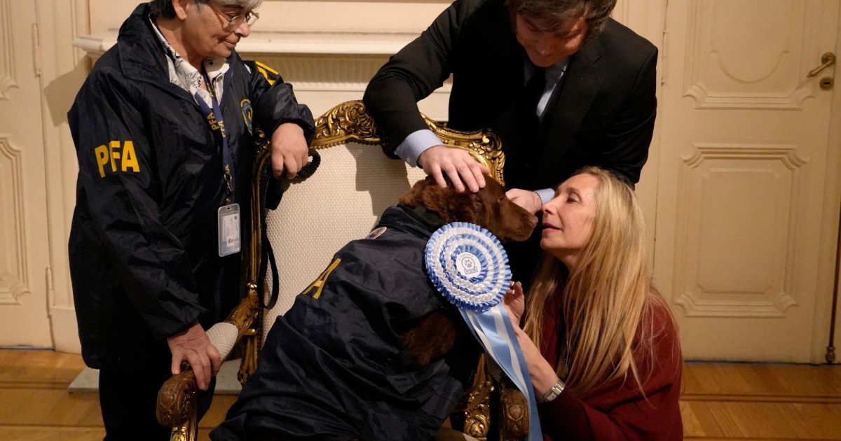 Celosa por el impacto de la movida Malvinas, Karina juntó a Milei con un perro héroe